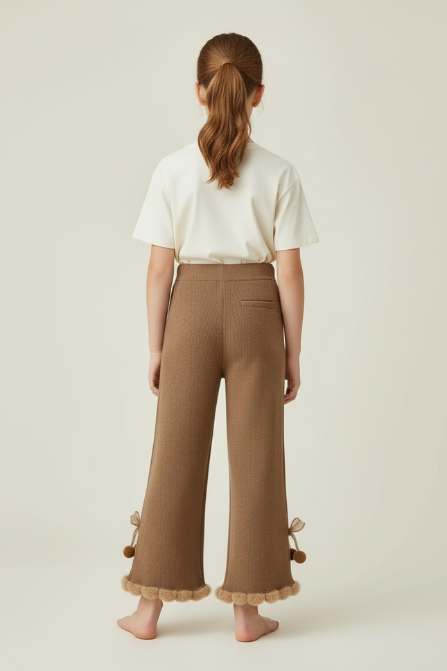 Pantalon Beige Tricoté Évasé Pompons Enfant Fille Doux - Maille - vue 2