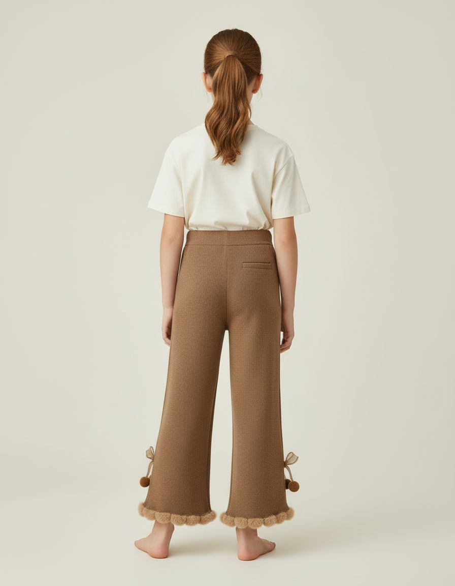 Pantalon Beige Tricoté Évasé Pompons Enfant Fille Doux - Maille - vue 2