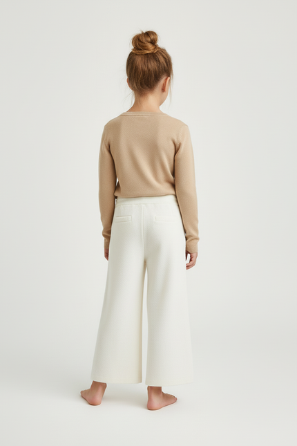 Pantalon Beige Ample Tricoté Évasé Cordon Fille - Blanc Maille - vue 2