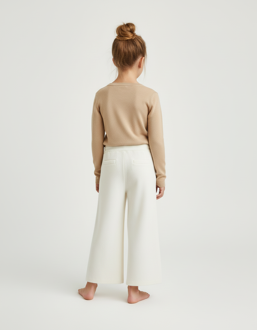 Pantalon Beige Ample Tricoté Évasé Cordon Fille - Blanc Maille - vue 2