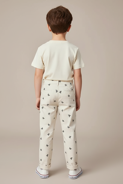 Pantalon Beige Brodé Papillons Droit Coton Garçon - vue 2