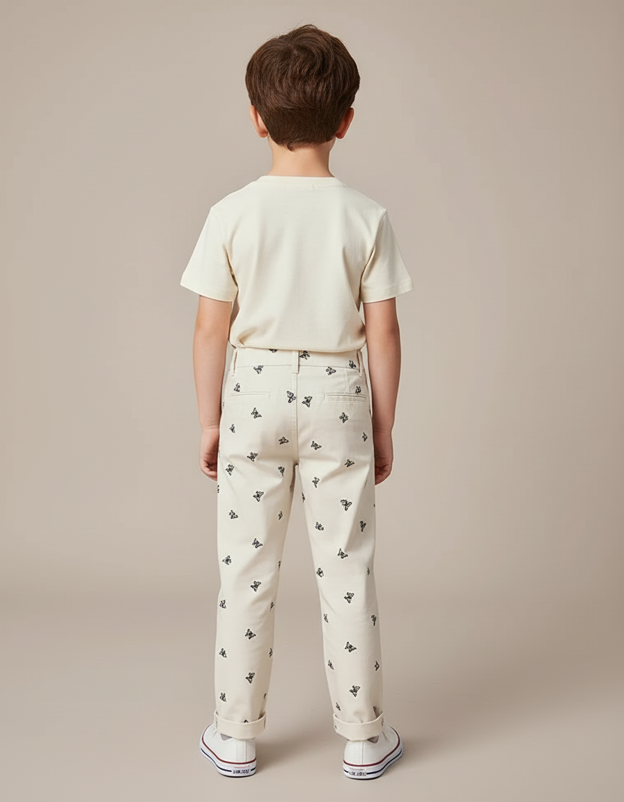 Pantalon Beige Brodé Papillons Droit Coton Garçon - vue 2