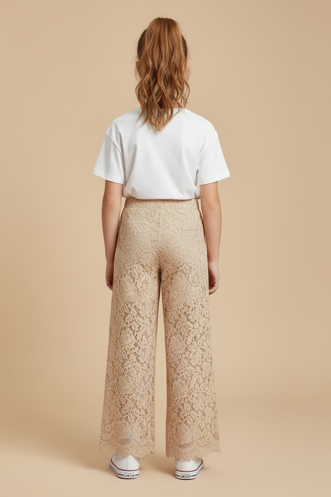 Pantalon Beige Dentelle Ample Fluide Fille Élégant - Polyester - vue 2
