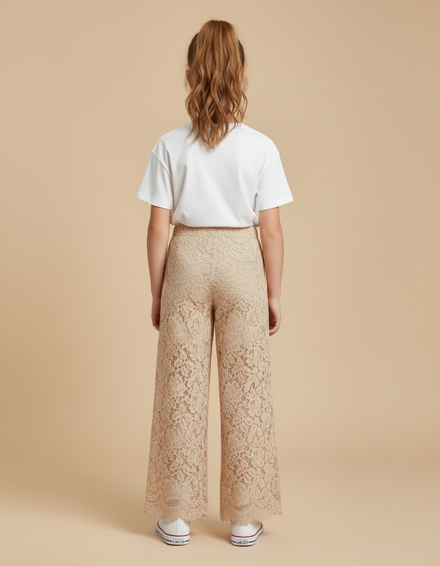 Pantalon Beige Dentelle Ample Fluide Fille Élégant - Polyester - vue 2