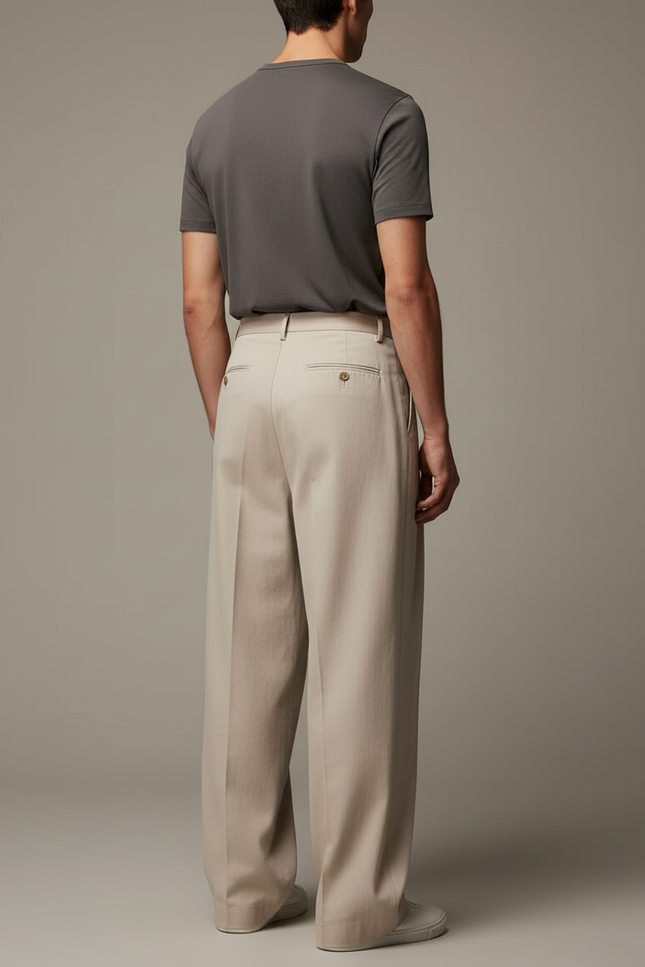 Pantalon Beige Ample Plissé Décontracté Homme Coton - vue 2