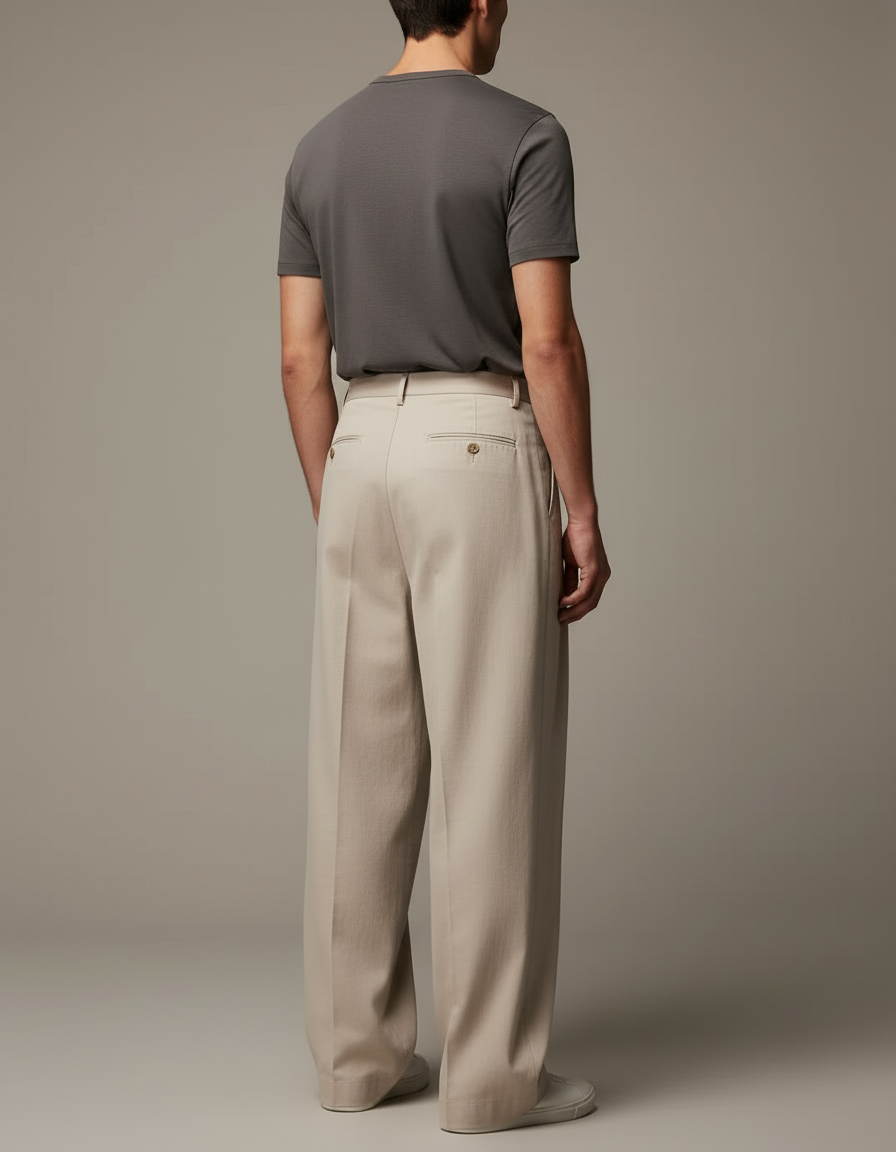 Pantalon Beige Ample Plissé Décontracté Homme Coton - vue 2