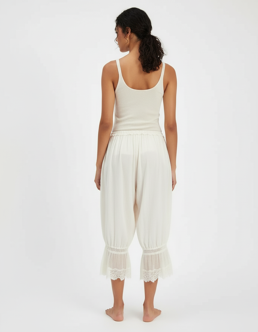 Pantalon Beige Ample Fluide Dentelle Femme - Viscose - vue 2