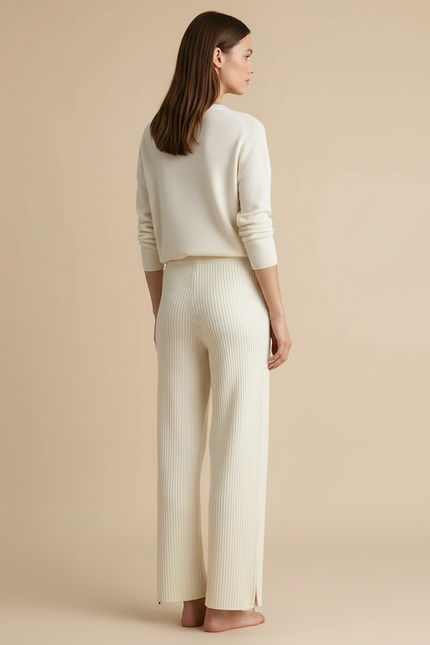 Pantalon Beige Tricoté Côtelé Ample Décontracté Élégant - Maille - vue 2