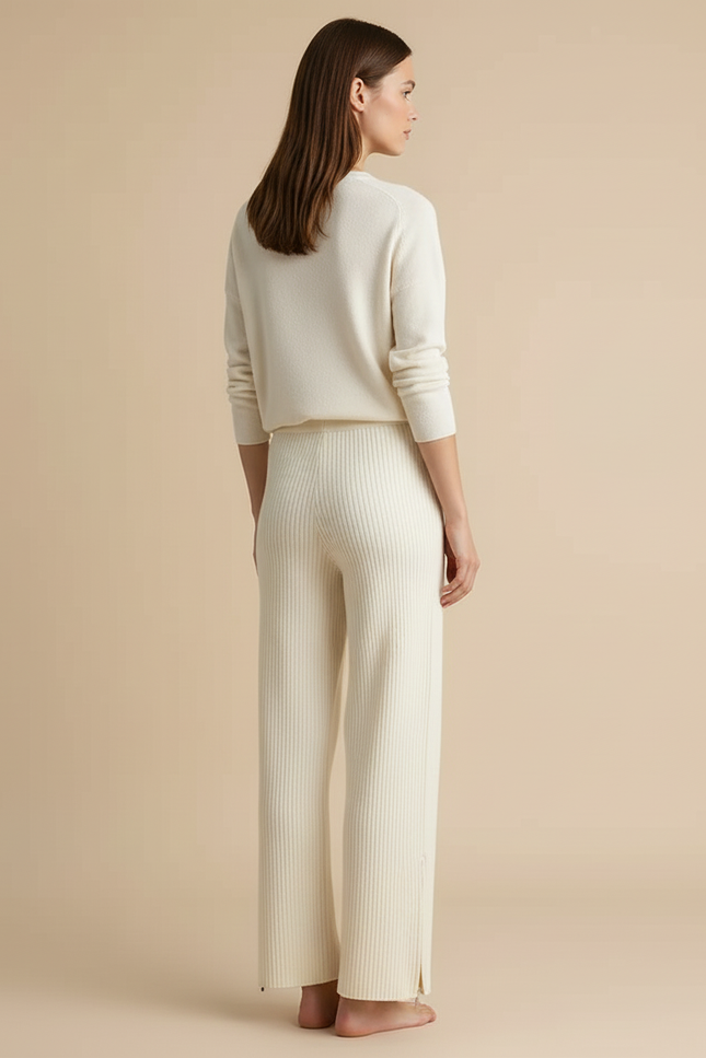 Pantalon Beige Tricoté Côtelé Ample Décontracté Élégant - Maille - vue 2