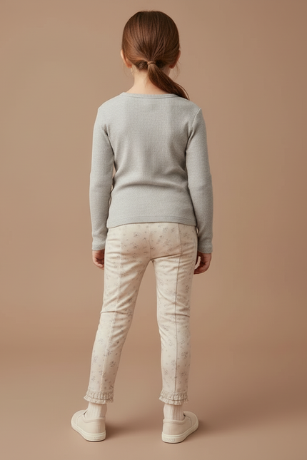 Pantalon Beige Fleuri Volants Fille Élastique Slim - Maille - vue 2