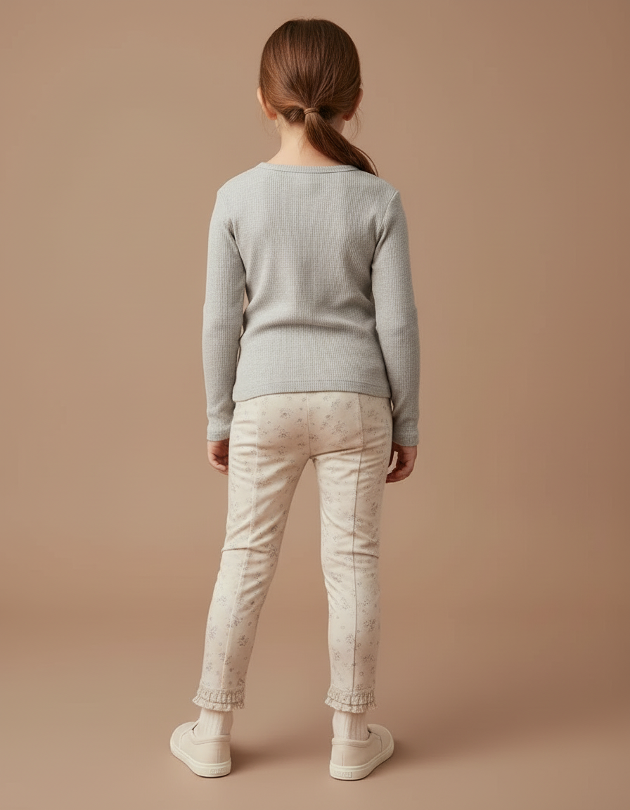 Pantalon Beige Fleuri Volants Fille Élastique Slim - Maille - vue 2