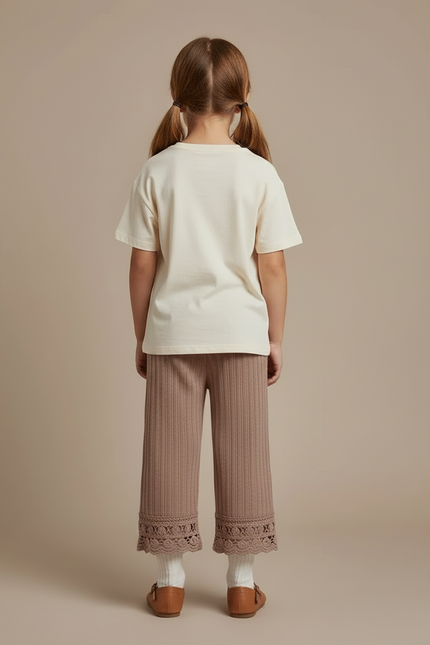 Pantalon Beige Côtelé Dentelle Tricoté Ample Fille - Marron Maille - vue 2
