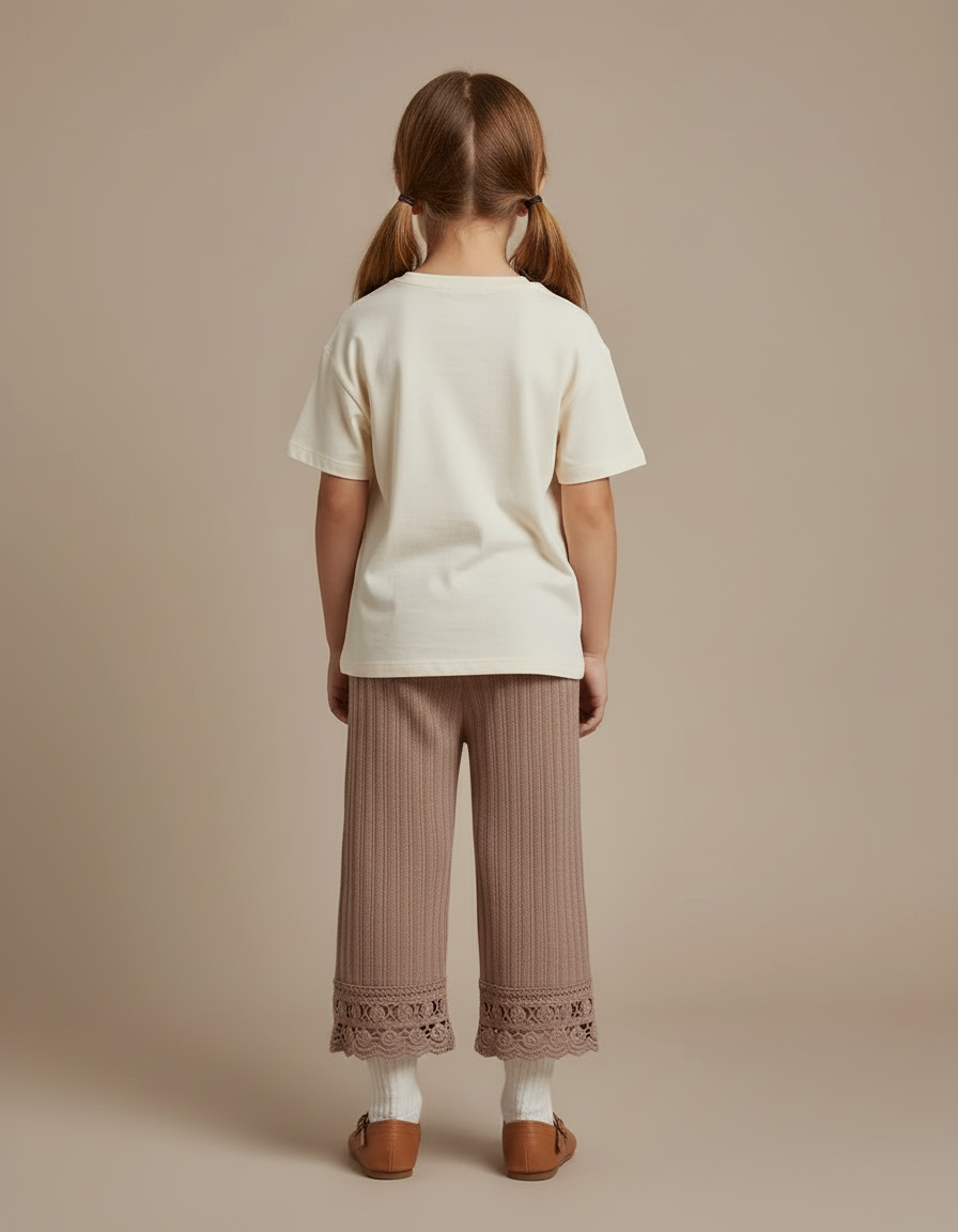 Pantalon Beige Côtelé Dentelle Tricoté Ample Fille - Marron Maille - vue 2