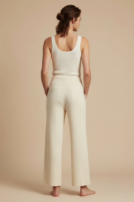 Pantalon Beige Tricoté Côtelé Ample Décontracté Fluide - Maille - vue 2