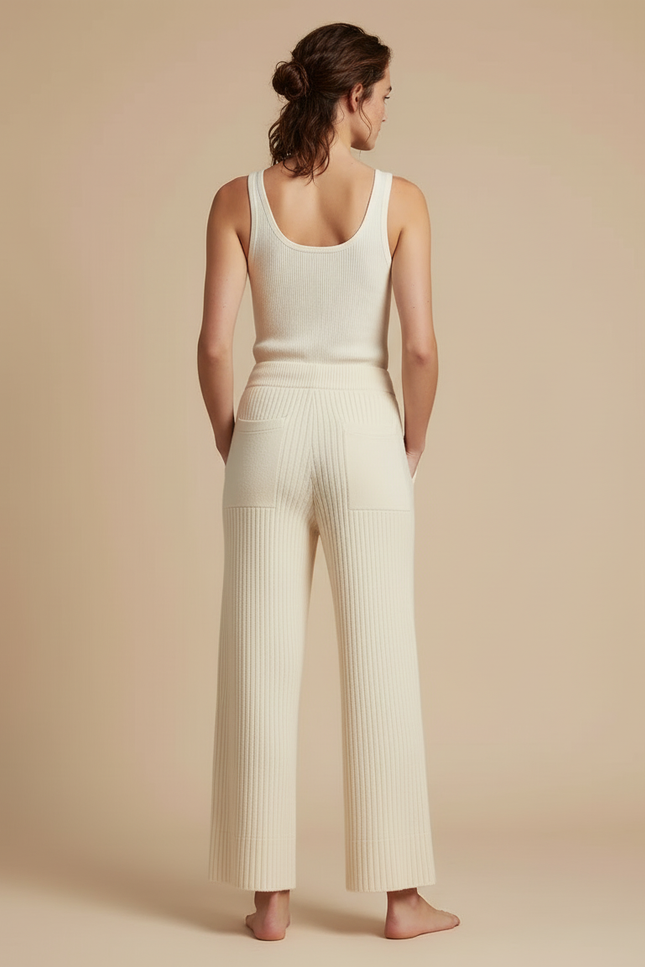 Pantalon Beige Tricoté Côtelé Ample Décontracté Fluide - Maille - vue 2