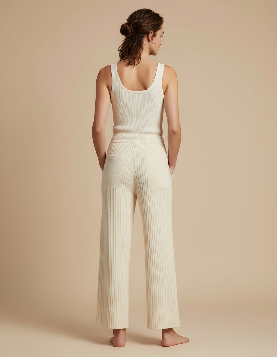 Pantalon Beige Tricoté Côtelé Ample Décontracté Fluide - Maille - vue 2
