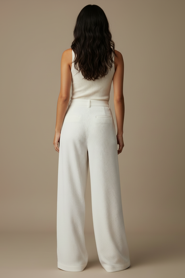 Pantalon Beige Côtelé Ample Plissé Droit Femme - Blanc Cordé - vue 2