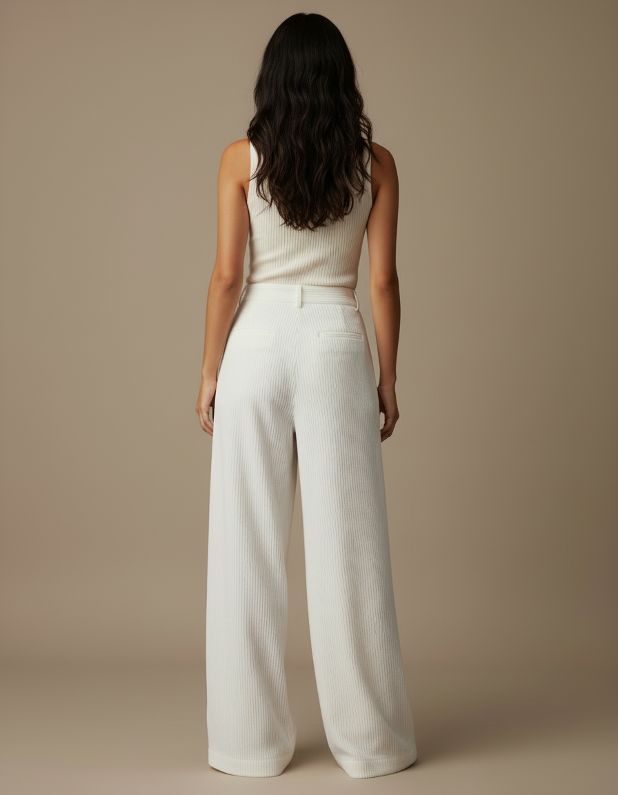 Pantalon Beige Côtelé Ample Plissé Droit Femme - Blanc Cordé - vue 2