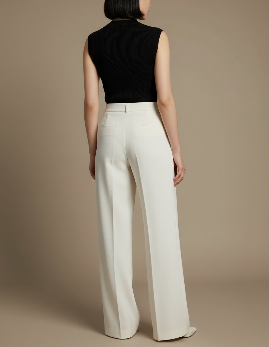 Pantalon Beige Large Fluide Élégant Femme - Blanc Gabardine - vue 2