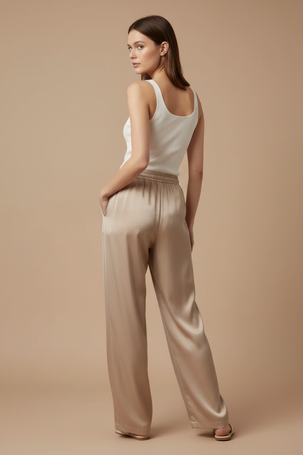 Pantalon Beige Satiné Fluide Ample Élégant Femme - vue 2