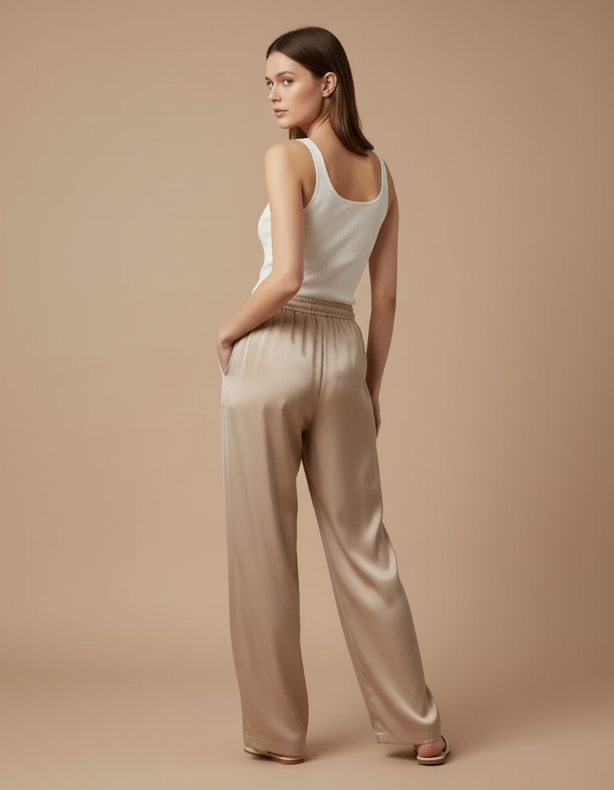 Pantalon Beige Satiné Fluide Ample Élégant Femme - vue 2