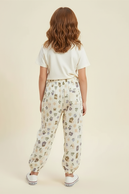 Pantalon Beige Fleuri Ample Mousseline Enfant Décontracté - vue 2