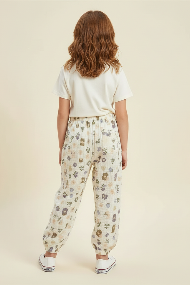 Pantalon Beige Fleuri Ample Mousseline Enfant Décontracté - vue 2