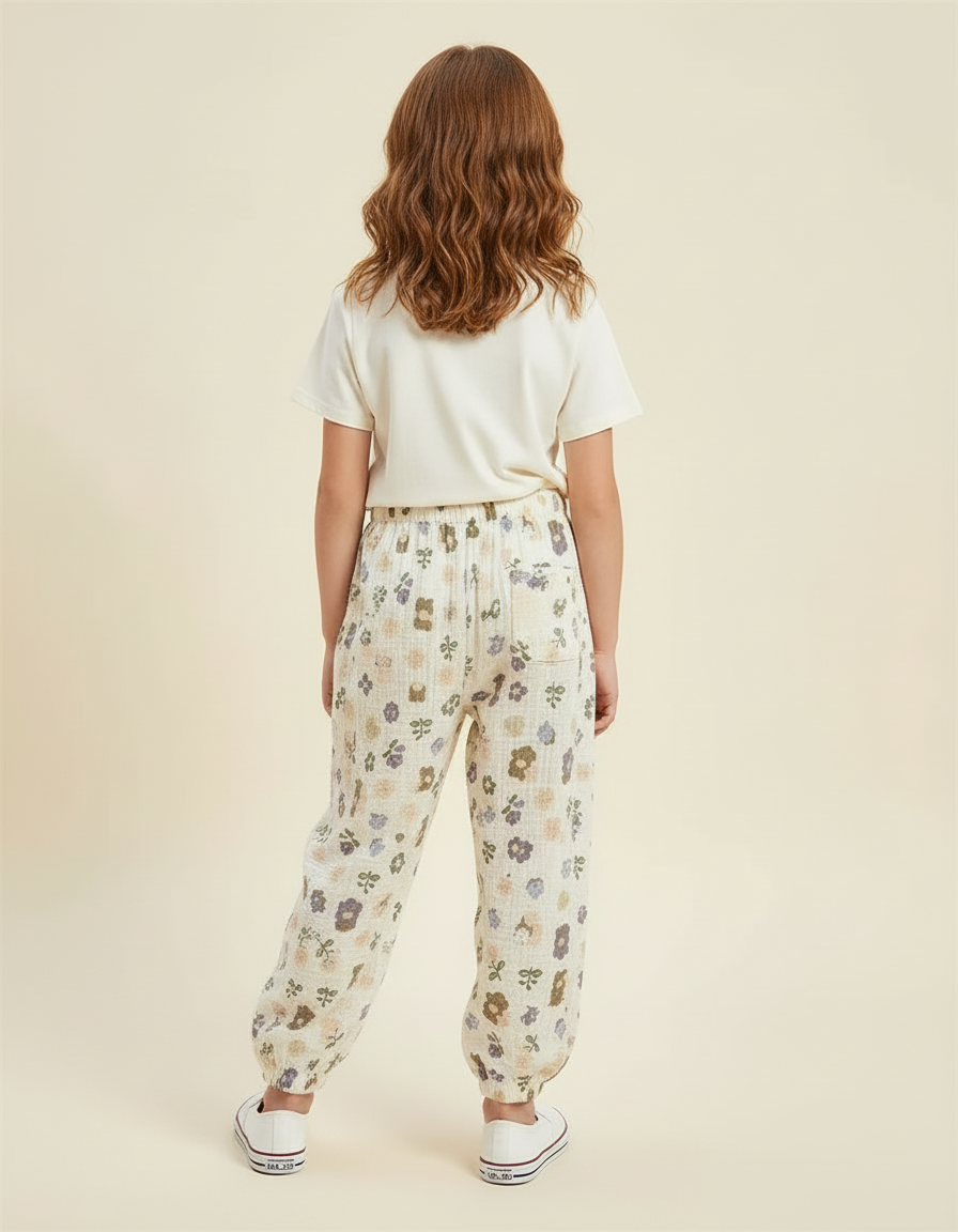 Pantalon Beige Fleuri Ample Mousseline Enfant Décontracté - vue 2