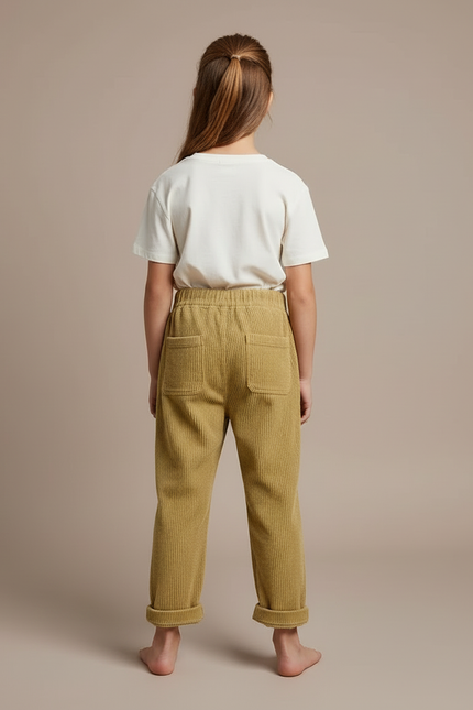 Pantalon Beige Côtelé Ample Décontracté Enfant Rétro - Kaki Cordé - vue 2