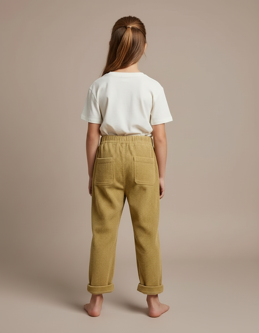 Pantalon Beige Côtelé Ample Décontracté Enfant Rétro - Kaki Cordé - vue 2