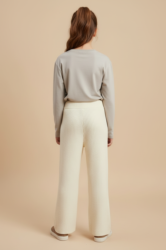 Pantalon Beige Tricoté Côtelé Ample Confortable - Maille - vue 2