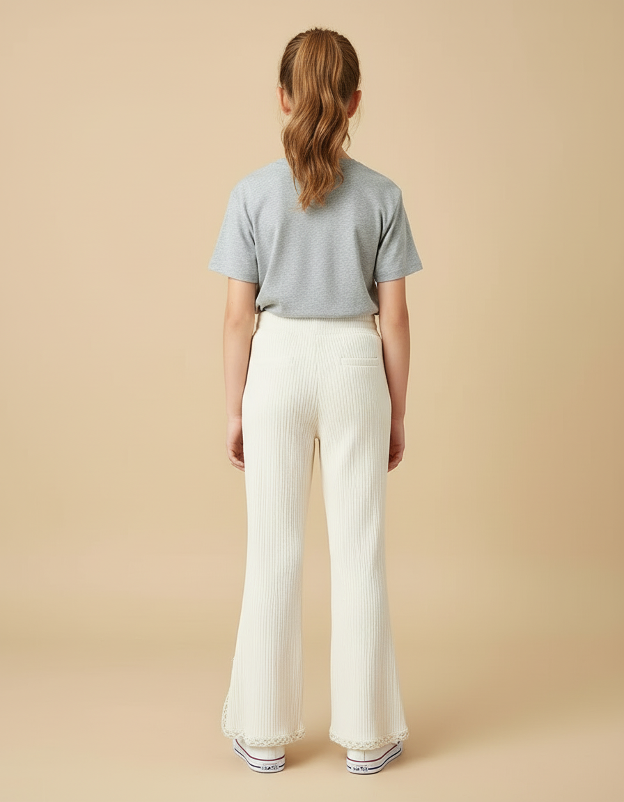 Pantalon Beige Côtelé Évasé Dentelle Fille - Cordé - vue 2