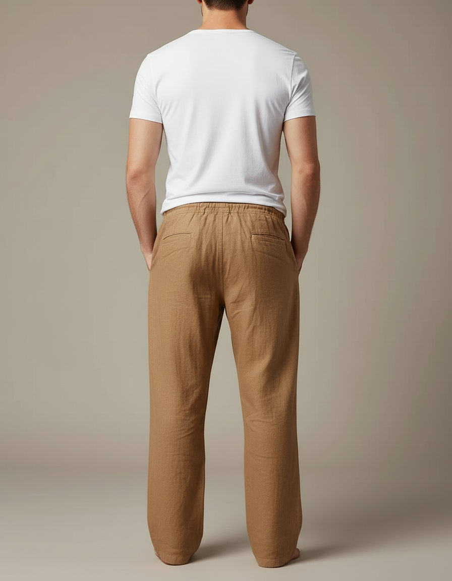 Pantalon Beige Lin Ample Imprimé Plume Oiseaux Homme - vue 2