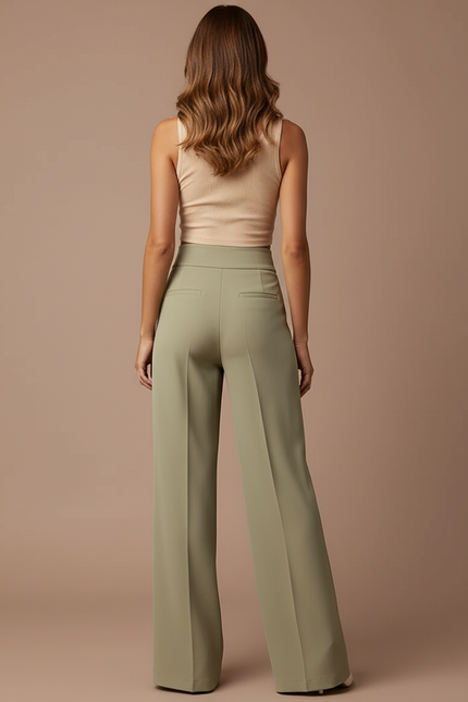 Pantalon Beige Fluide Taille Haute Large Plissé Élégant - Kaki Polyester - vue 2