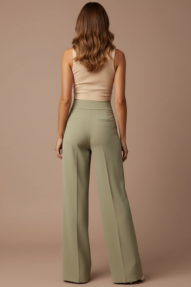 Pantalon Beige Fluide Taille Haute Large Plissé Élégant - Kaki Polyester - vue 2