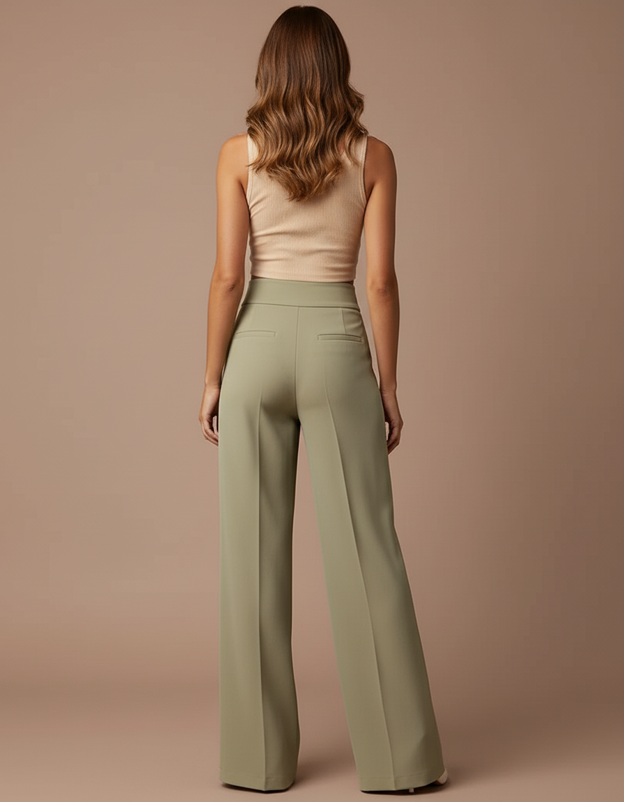 Pantalon Beige Fluide Taille Haute Large Plissé Élégant - Kaki Polyester - vue 2