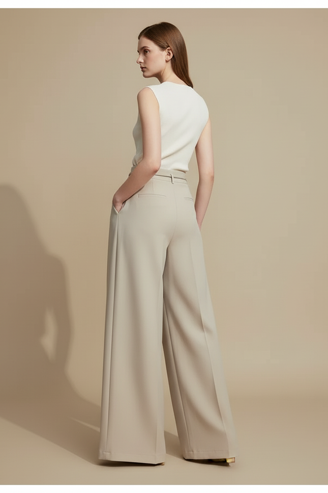 Pantalon Beige Large Plissé Élégant Femme Fluide - Polyester - vue 2
