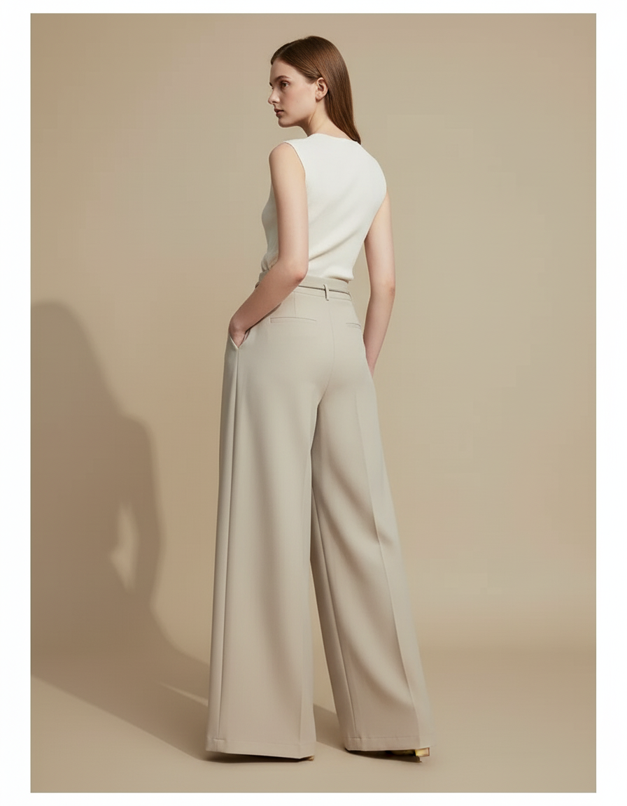 Pantalon Beige Large Plissé Élégant Femme Fluide - Polyester - vue 2