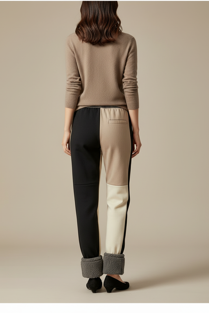 Pantalon Beige Molletonné Bicolore Cheville Côtelée Femme - Multicolore - vue 2