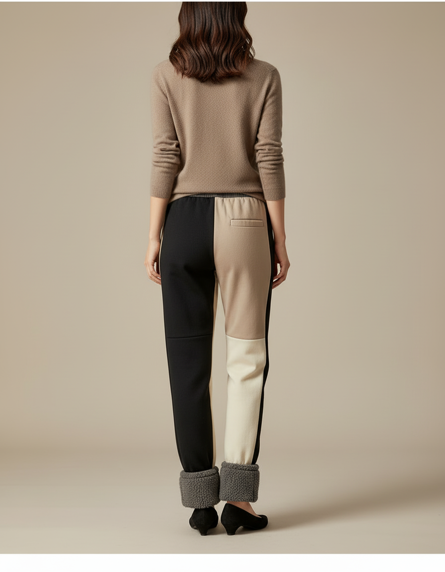 Pantalon Beige Molletonné Bicolore Cheville Côtelée Femme - Multicolore - vue 2