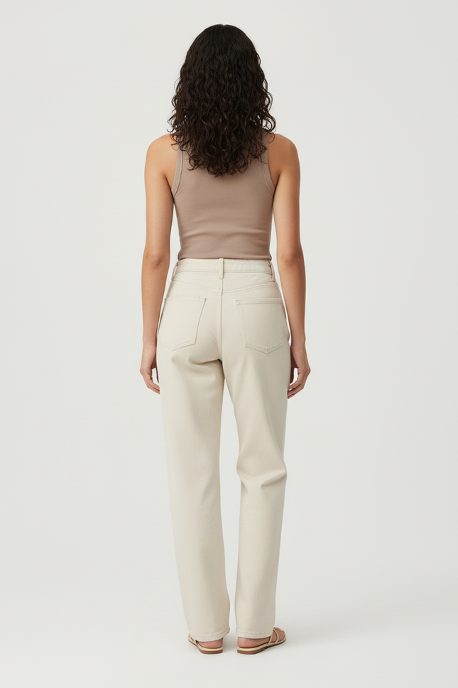 Pantalon Beige Droit Décontracté Taille Haute Coton - vue 2