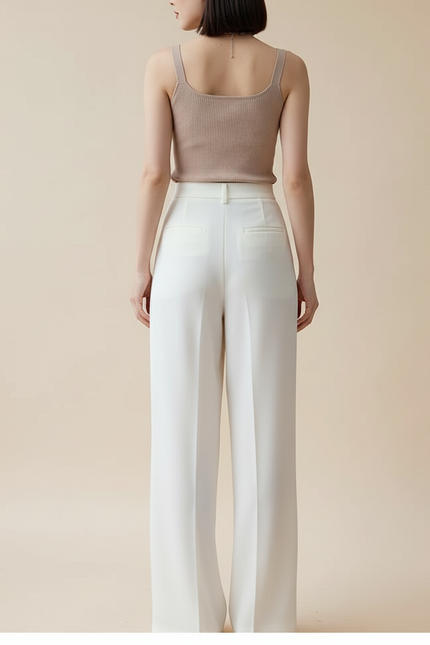 Pantalon Beige Fluide Satiné Ample Taille Haute - Blanc - vue 2