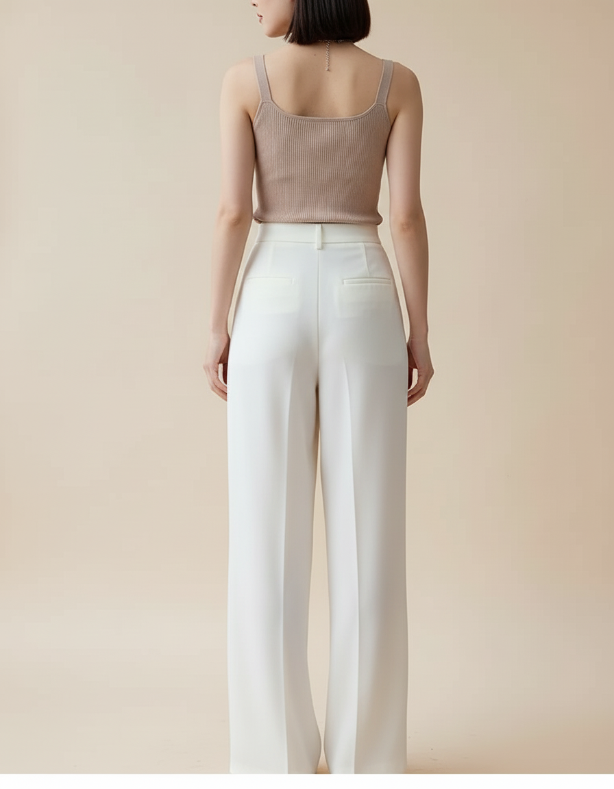 Pantalon Beige Fluide Satiné Ample Taille Haute - Blanc - vue 2