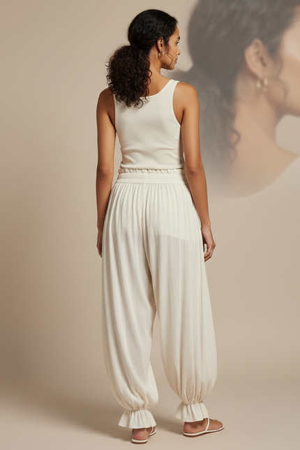 Pantalon Beige Ample Plissé Élastique Confortable Femme - Viscose - vue 2