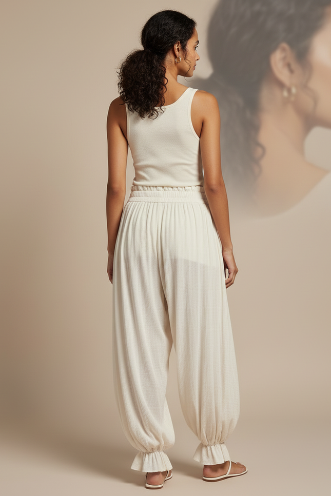 Pantalon Beige Ample Plissé Élastique Confortable Femme - Viscose - vue 2