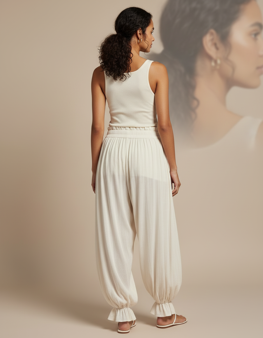 Pantalon Beige Ample Plissé Élastique Confortable Femme - Viscose - vue 2