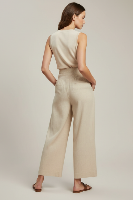 Pantalon Beige Ample Taille Haute Plissé Fluide - Lin - vue 2