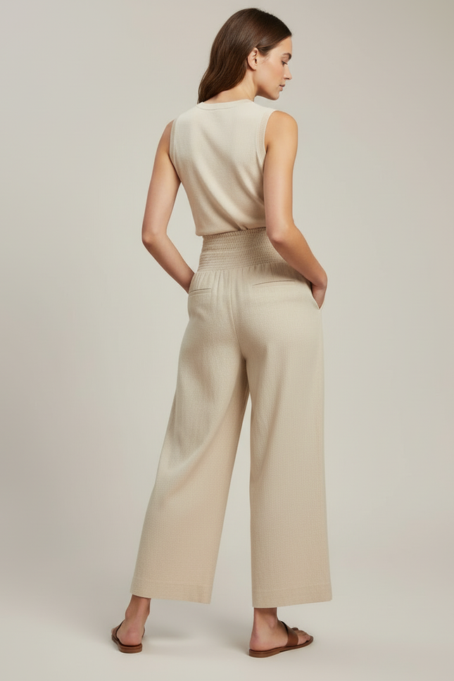 Pantalon Beige Ample Taille Haute Plissé Fluide - Lin - vue 2