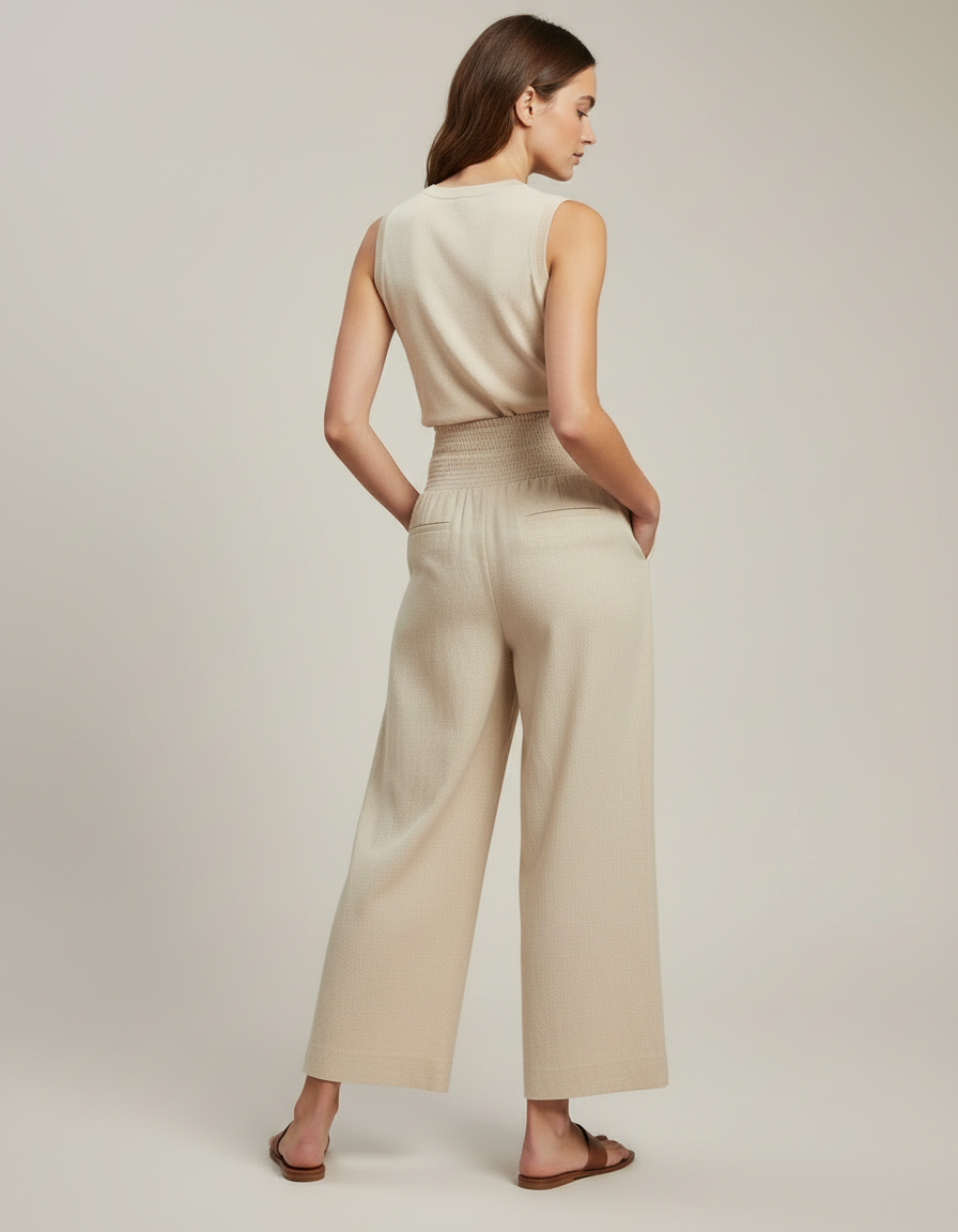 Pantalon Beige Ample Taille Haute Plissé Fluide - Lin - vue 2