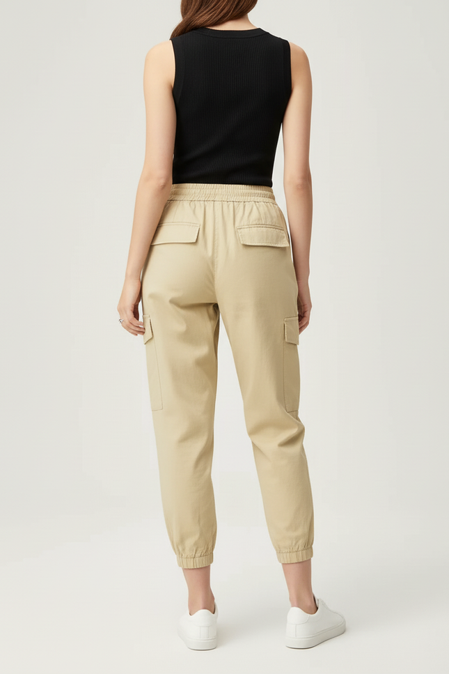 Pantalon Beige Cargo Décontracté Taille Haute Élastique Femme - Toile - vue 2
